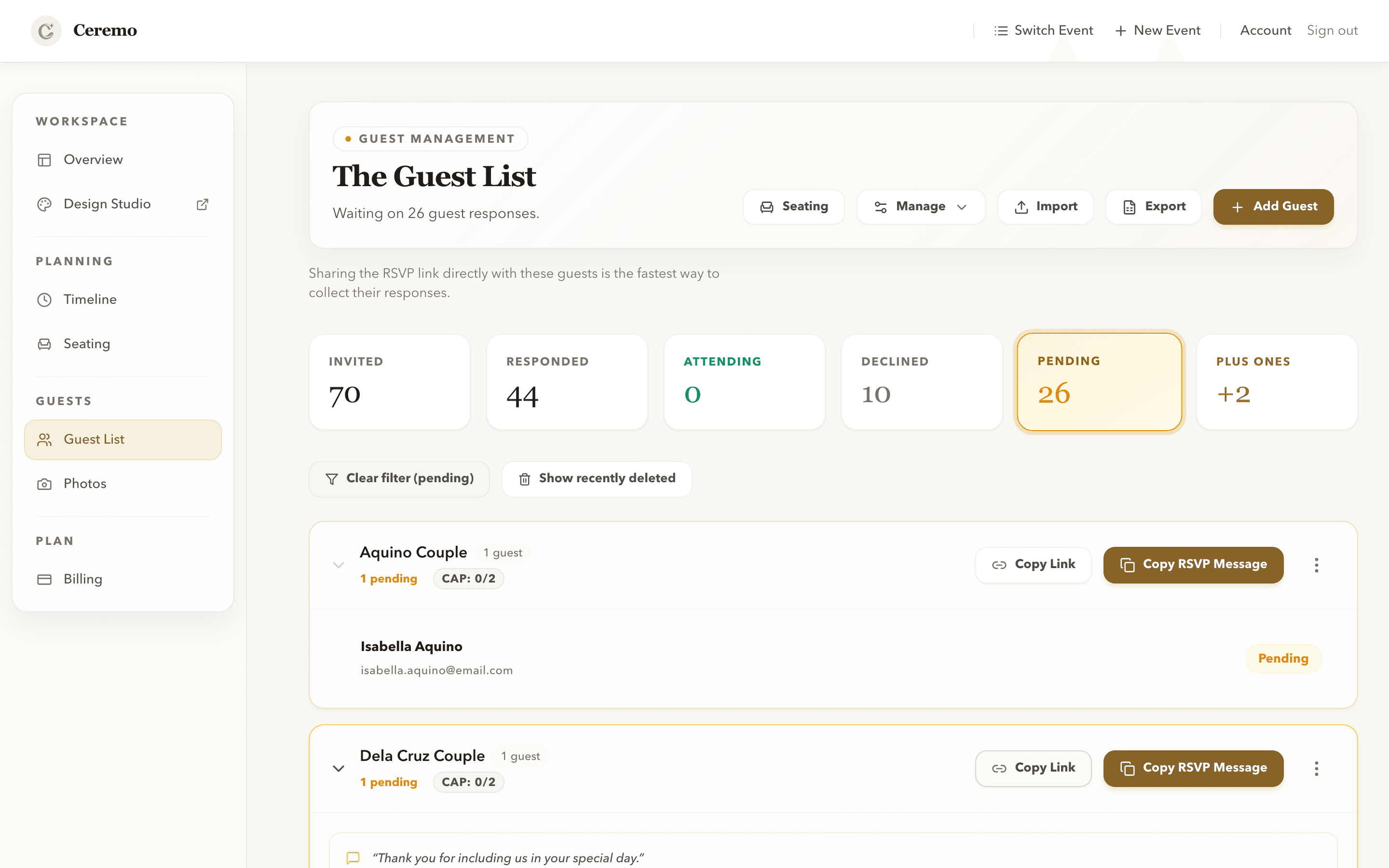 Ceremo guest dashboard showing RSVP status in real time