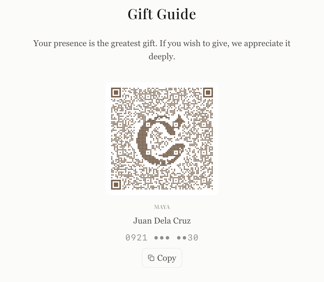 Ceremo gift guide on the invitation page with payment QR codes and registry links
