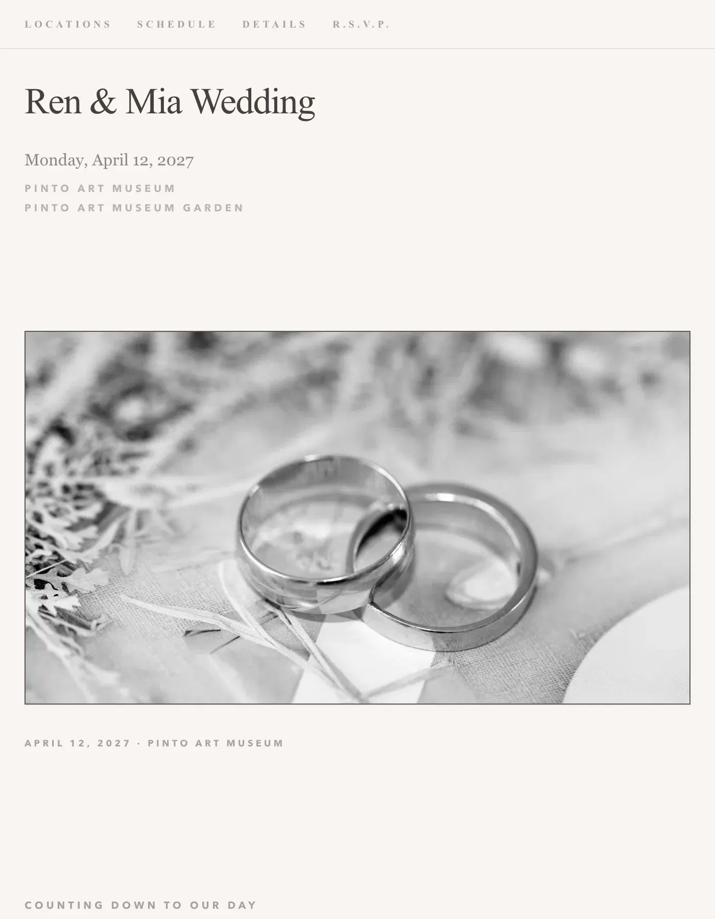 The Minimal wedding invitation template, as a live sample