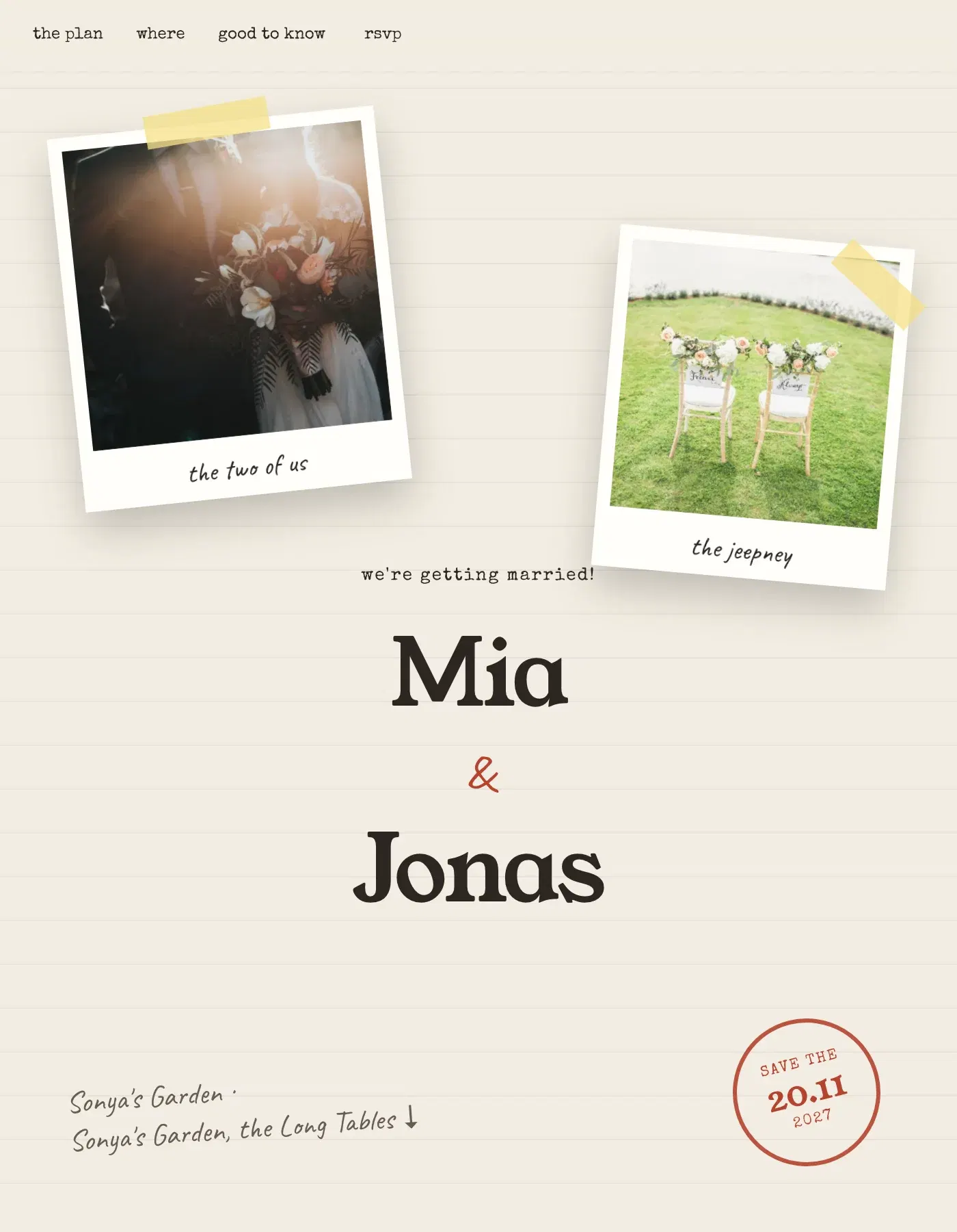 The Scrapbook wedding invitation template, as a live sample