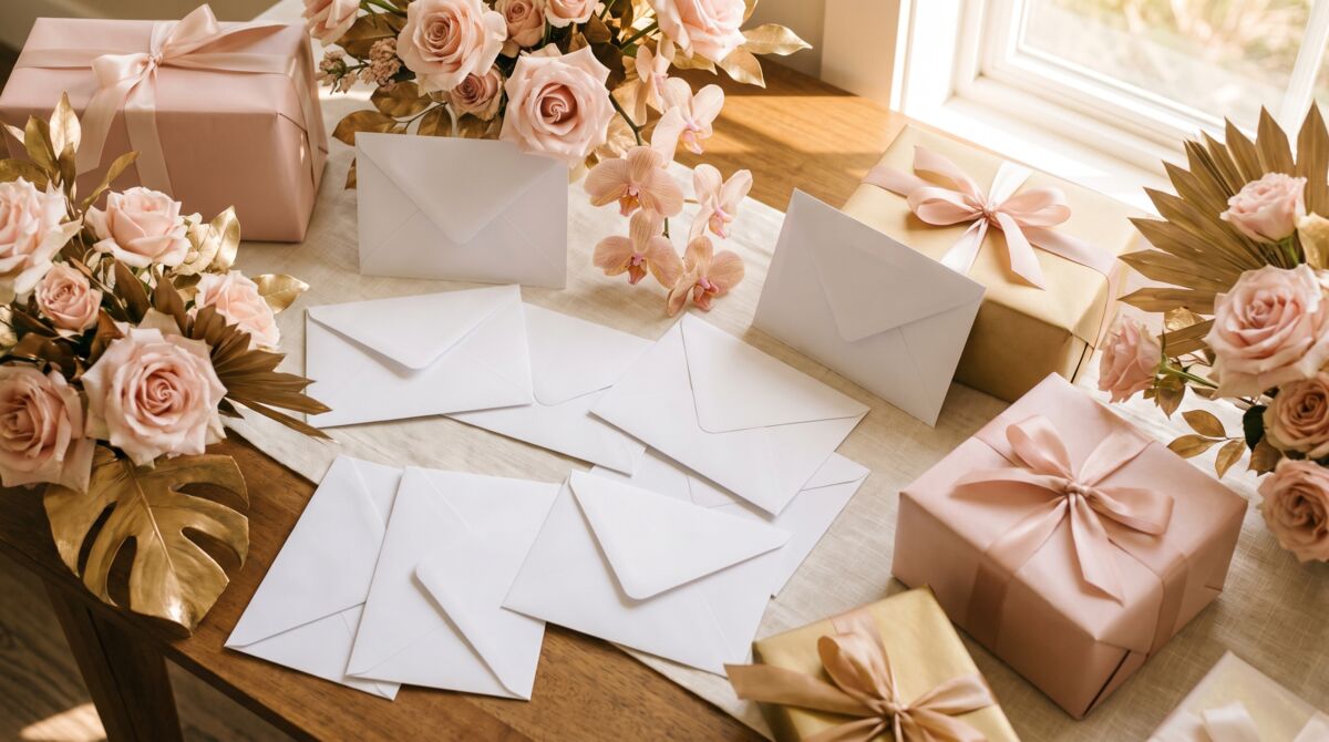 White envelopes and wrapped gifts with blush pink ribbons on a wedding reception gift table with floral arrangements
