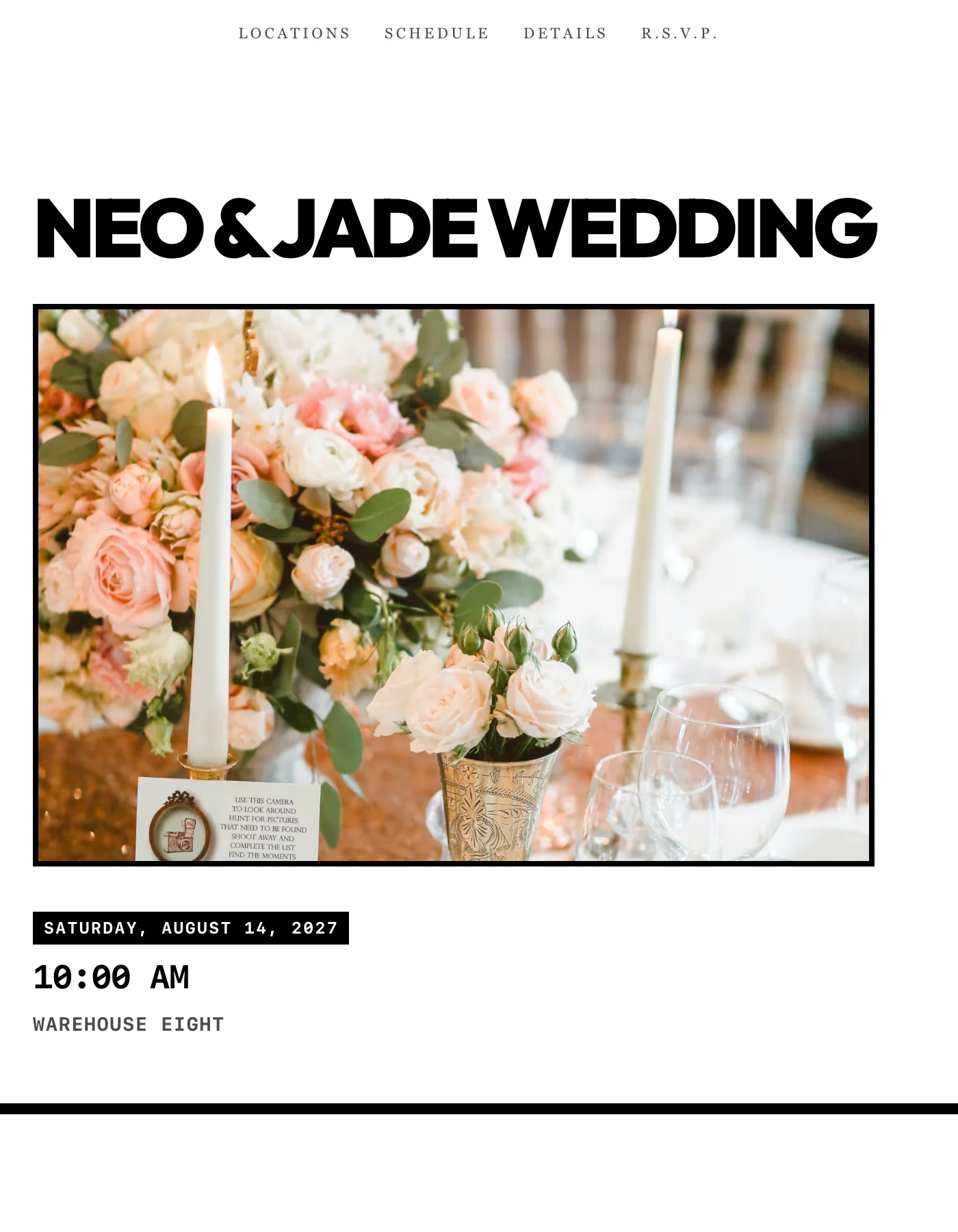 Brutalist sample invitation: huge black capital letters for the couple's names above a photo framed in a thick black border, with the date in a black label