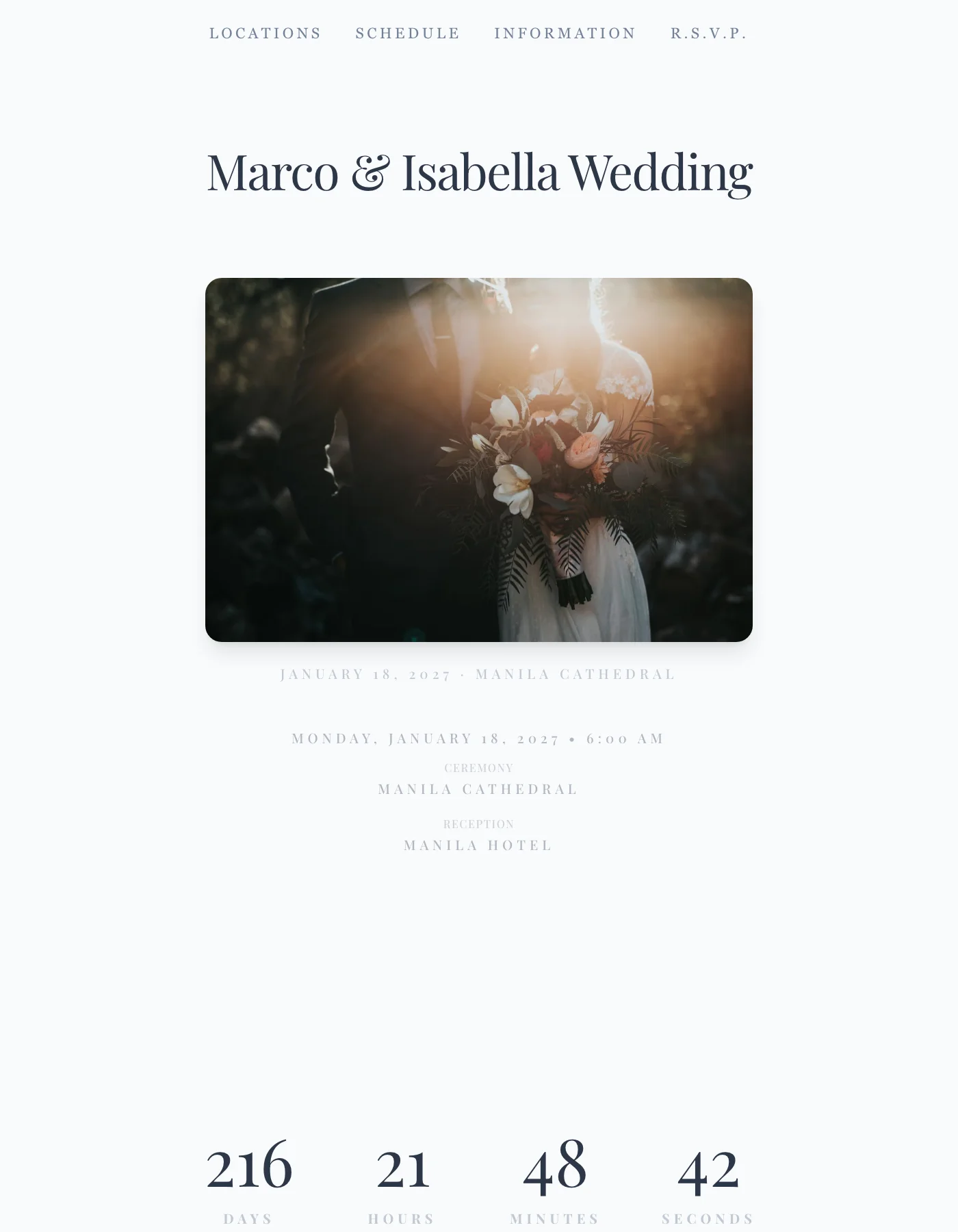 A sample Ceremo wedding invitation in the Classic template, with R.S.V.P. in its top menu beside Locations, Schedule and Information
