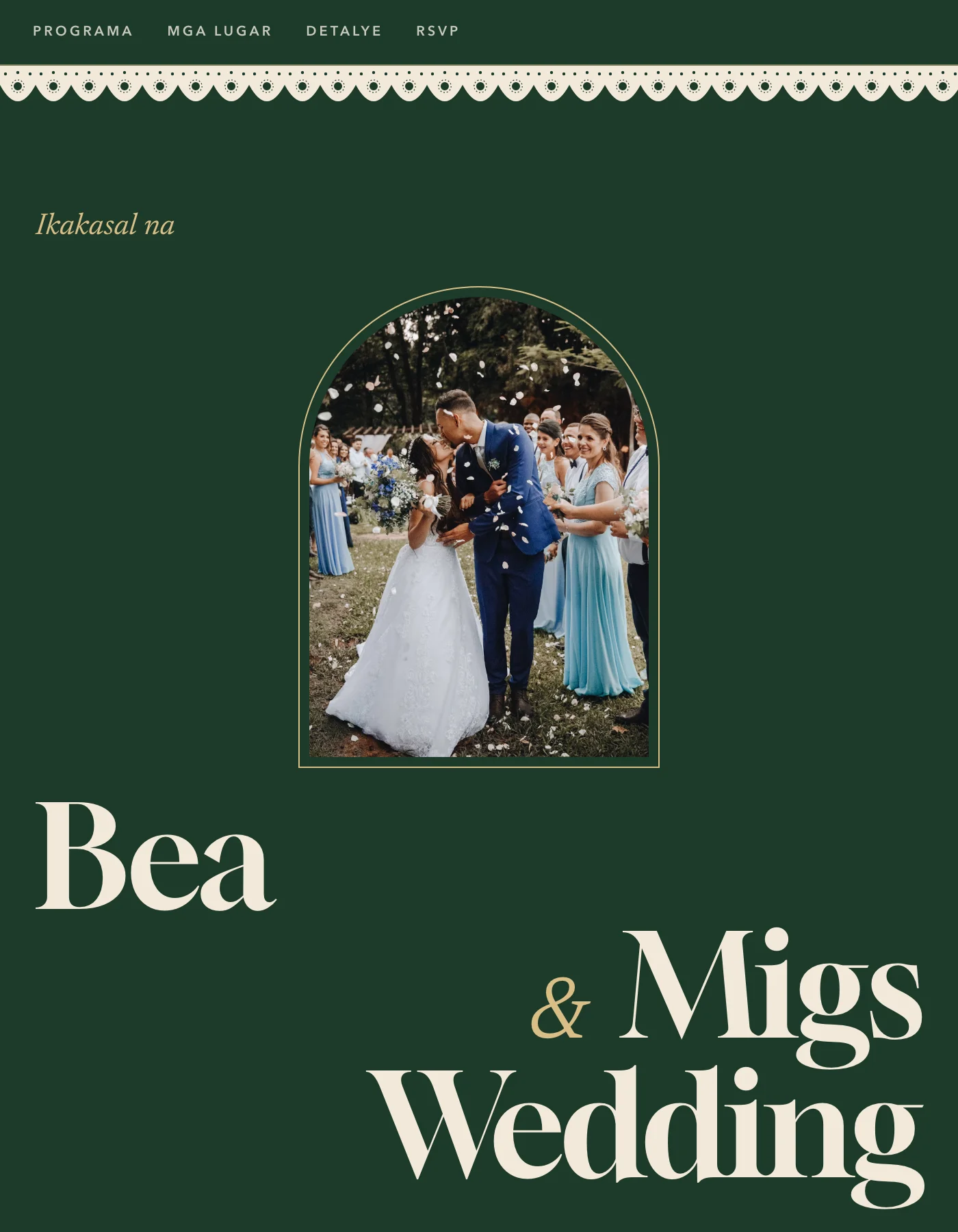 Piña sample invitation: deep banana-leaf green page with an ivory scalloped lace edge, a couple's photo in a gold arch and the words Ikakasal na